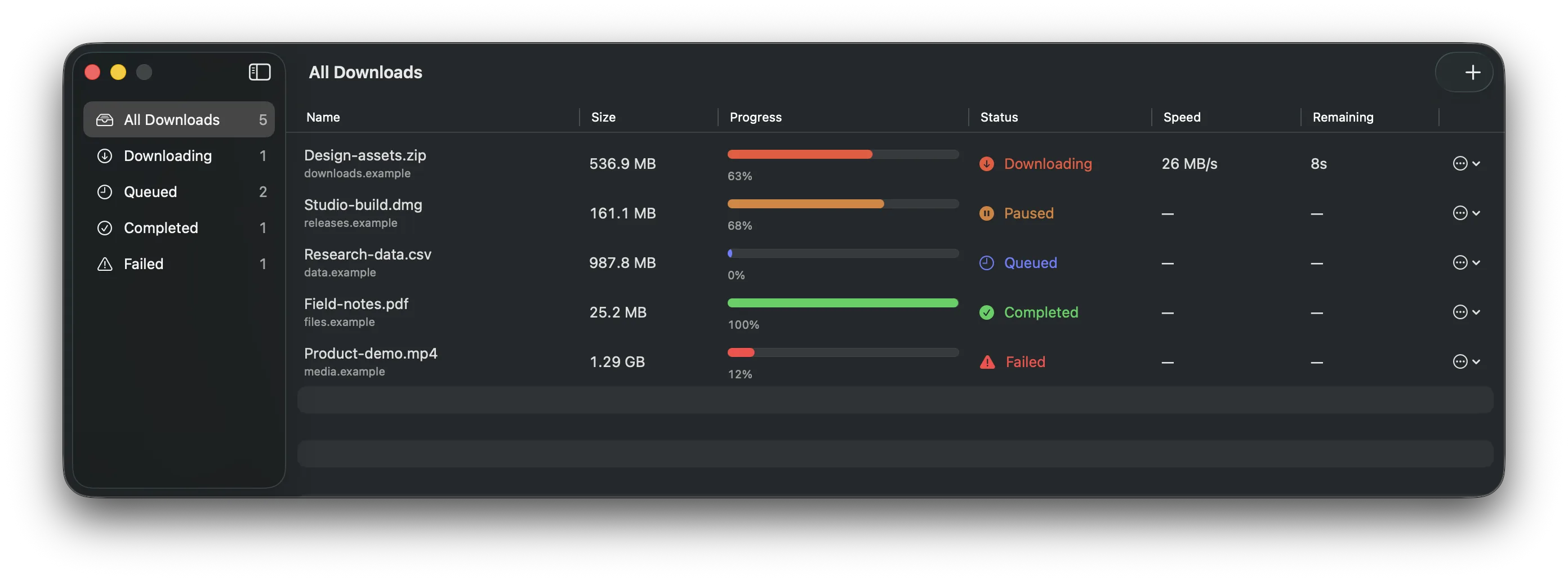 Swifty Download Manager showing five downloads in dark mode